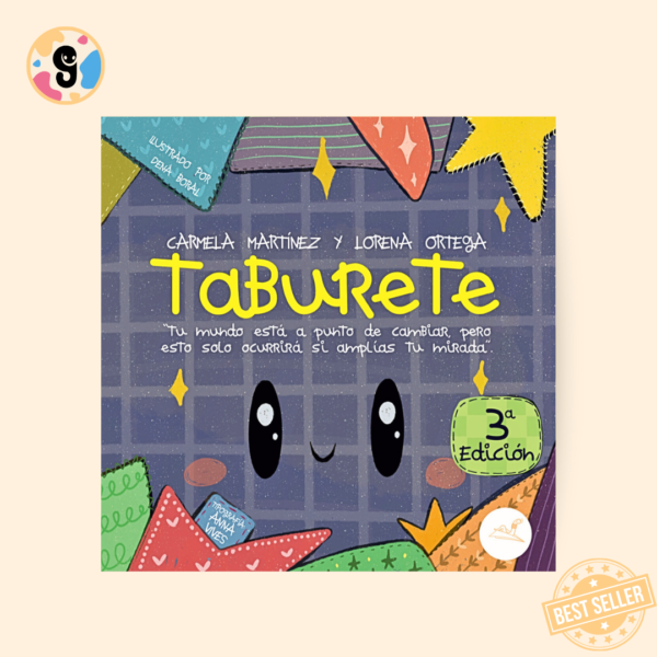 Imagen de la portada de Taburete 3ª edición, mostrando un taburete colorido y una mesa con tres sillas rodeándolo, representando la historia de inclusión y amistad.