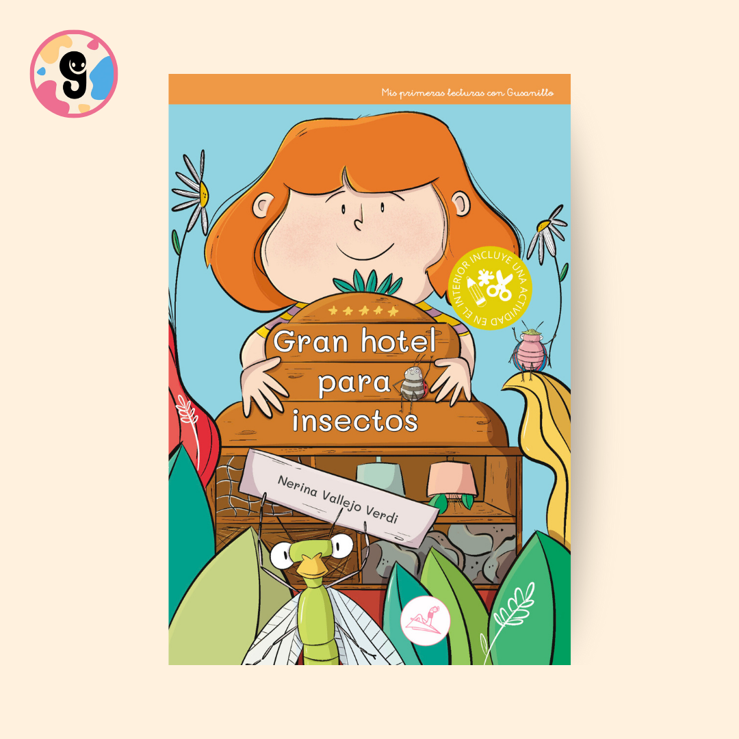 Julia construyendo un hotel para insectos en su jardín, ayudando a una pequeña amiga en apuros