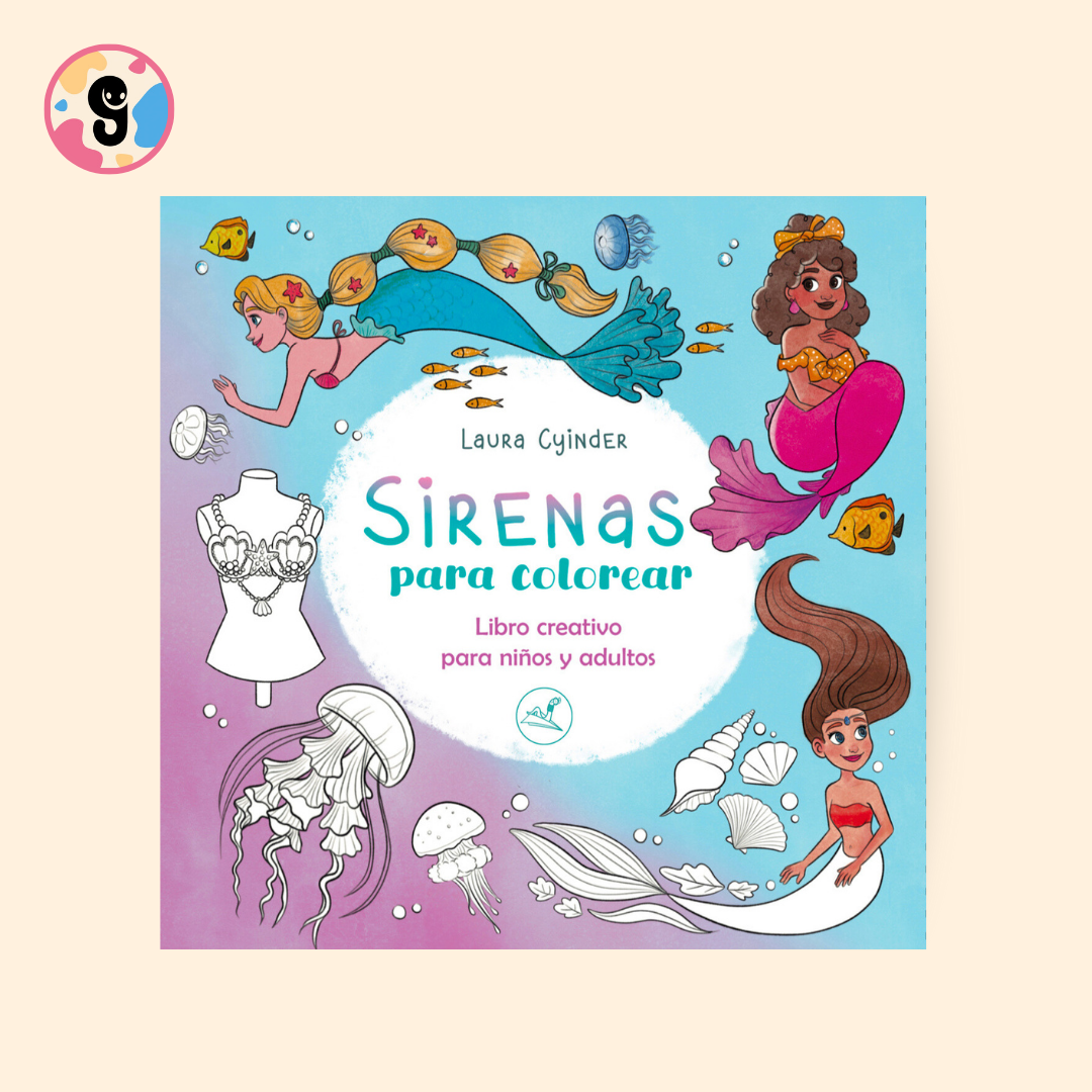Ilustración de una sirena para colorear del libro Sirenas para Colorear, ideal para niños y adultos, por Laura Cyinder