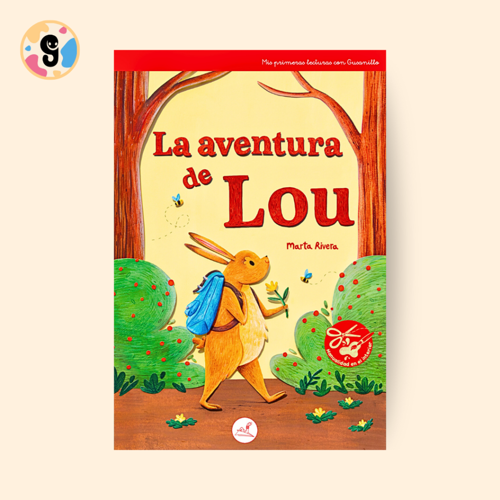 Portada del libro "La aventura de Lou", donde se muestra al pequeño conejo Lou en un entorno natural, listo para explorar el mundo que lo rodea. Ideal para niños interesados en aventuras y el cuidado del medio ambiente.