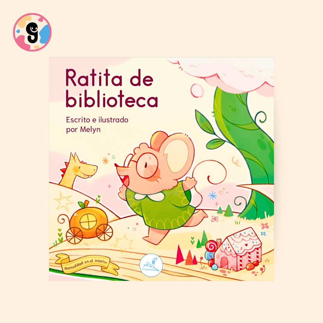Ilustración de Rita, una ratoncita curiosa, rodeada de libros en una biblioteca mientras planea devolver la magia de la lectura a sus amigos animales.