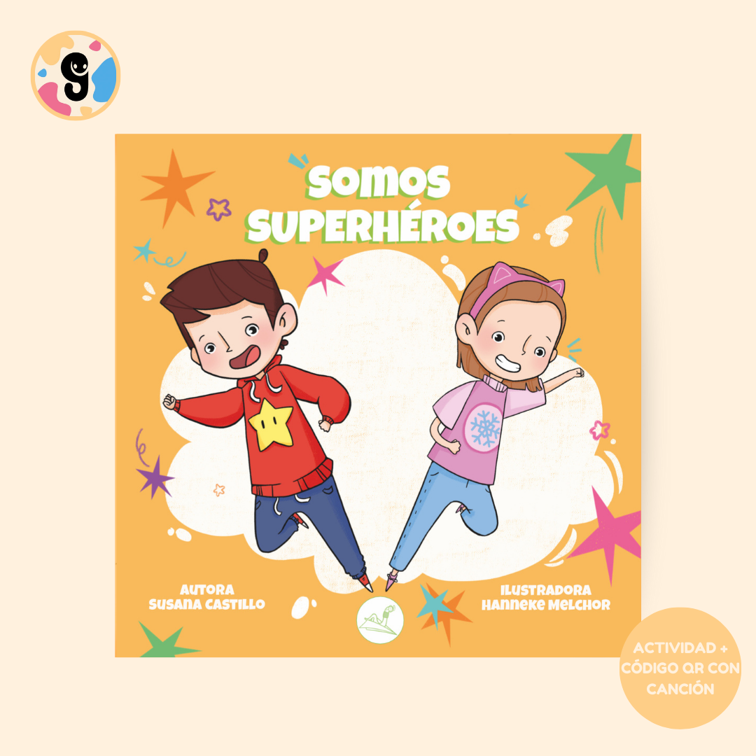 Portada del libro infantil sobre superhéroes "Somos superhéroes", que muestra a Ian y Sofía, dos niños listos para emprender una valiente aventura mientras aprenden a salvar vidas.