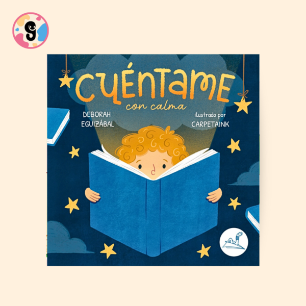 Ilustración del libro "Cuéntame con calma" con Luca, su mamá y el cuento mágico.