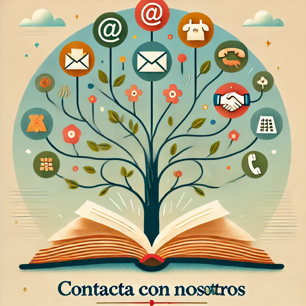 Ilustración de un libro abierto que se transforma en un árbol con ramas, rodeado de iconos de correo electrónico, teléfono y un apretón de manos, representando comunicación y colaboración. Fondo en tonos pastel con el texto 'Contacta con nosotros'