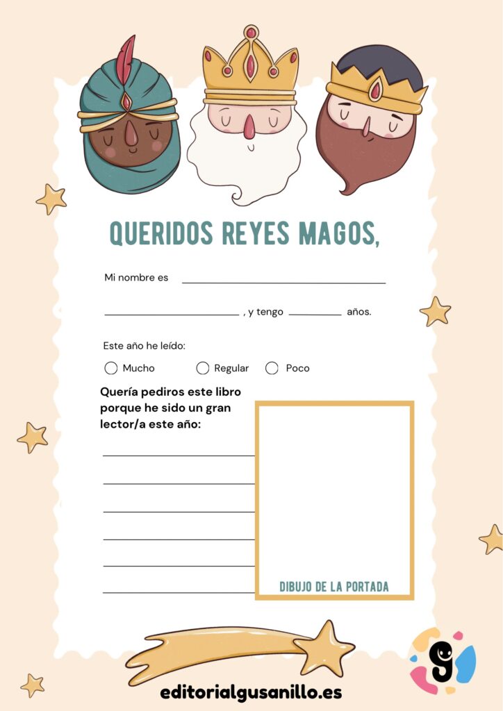 Plantilla de carta a los Reyes Magos para pedir libros, diseñada para que los niños personalicen su mensaje de Navidad de manera creativa y divertida.