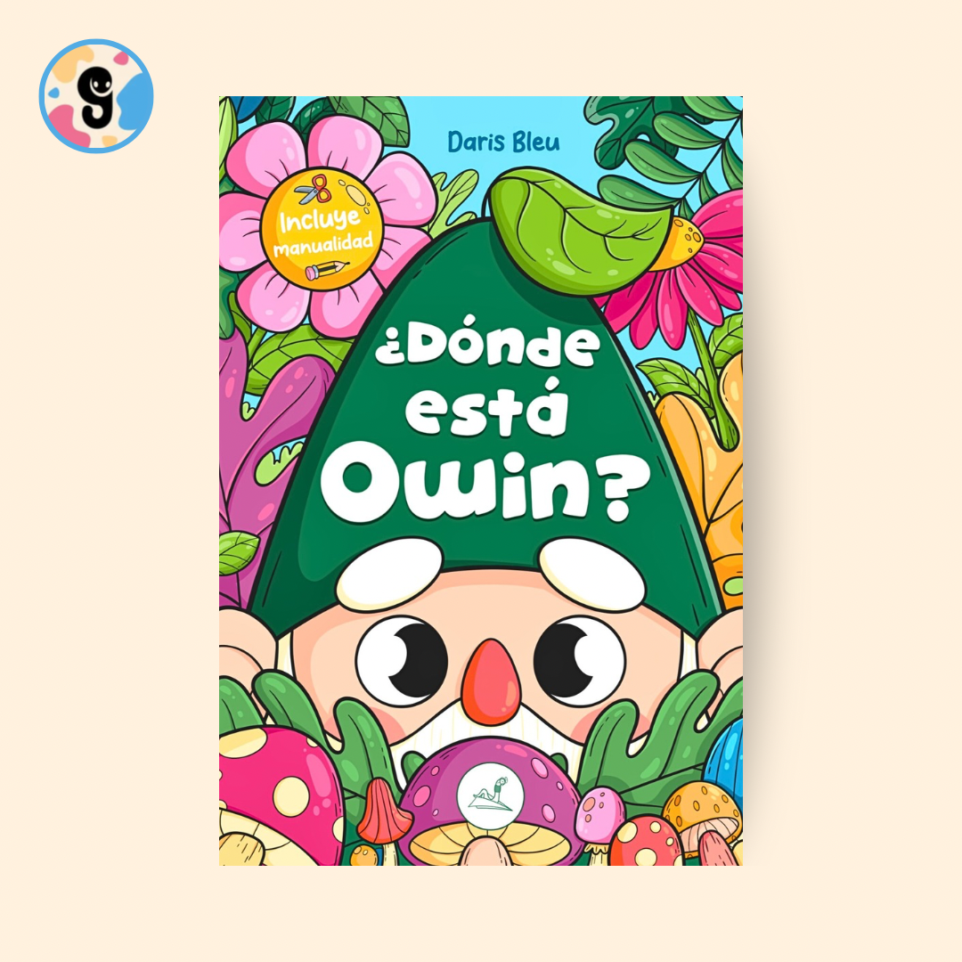 Ilustración de Owin el gnomo jugando al escondite en un campo colorido.
