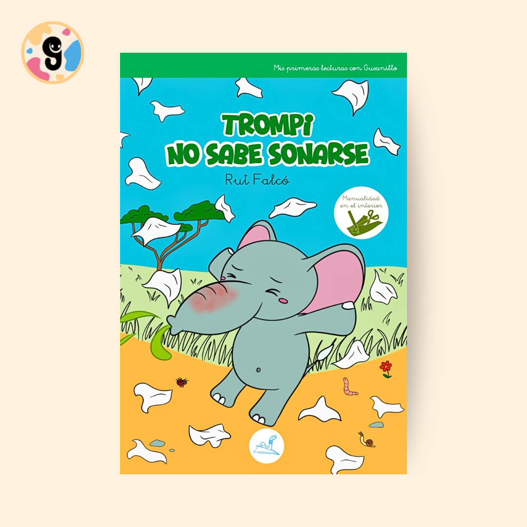 Trompi, el elefante travieso, enfrentando su desafío de sonarse la trompa con la ayuda de sus amigos.