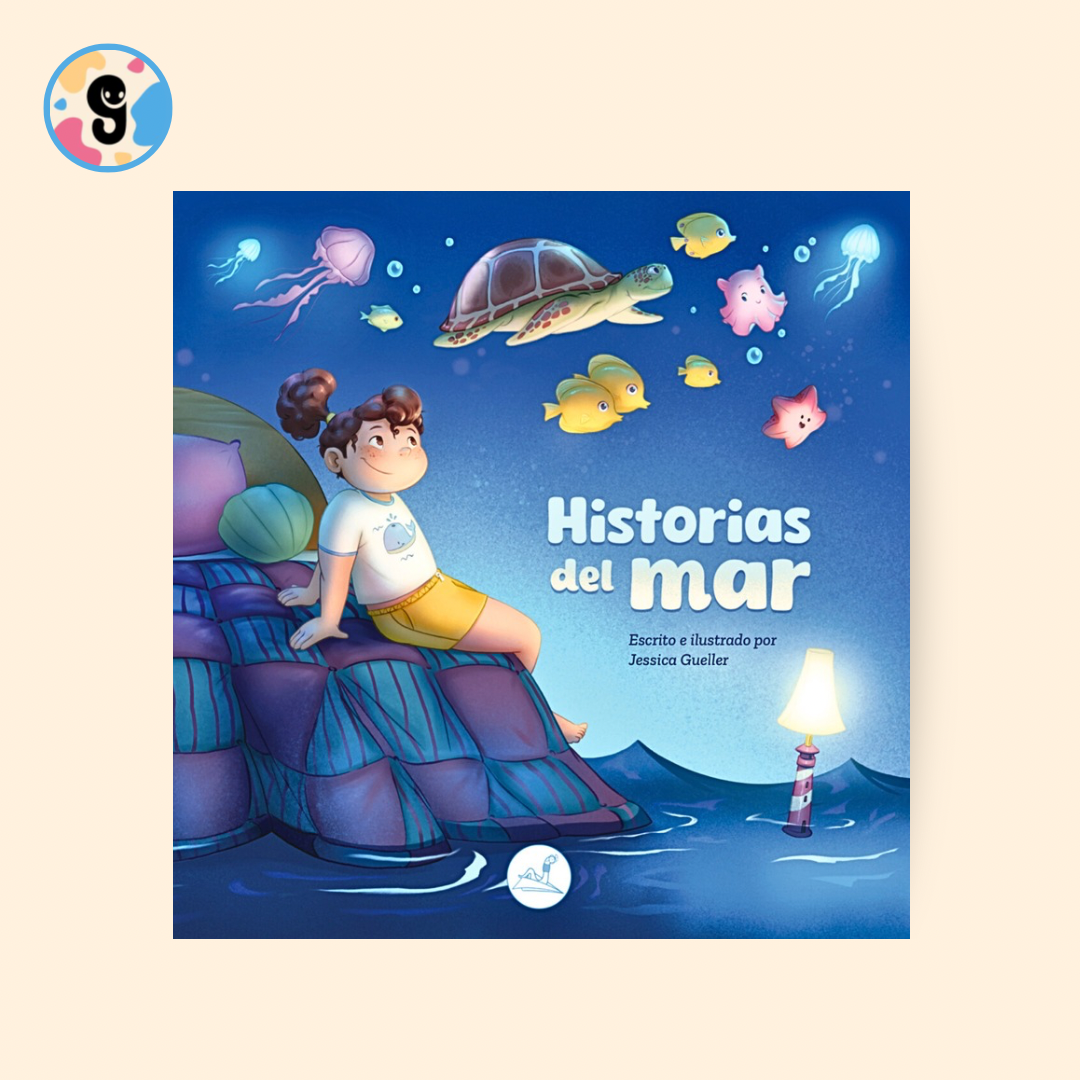 "Portada de 'Historias del mar', cuento infantil que presenta a Clara y su abuelo Roque mientras descubren las mágicas historias contadas por los caracoles marinos, con ilustraciones coloridas que representan aventuras en el mar y la amistad."