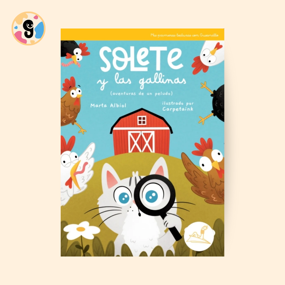 Portada del libro 'Solete y las gallinas', con una ilustración colorida de Solete ayudando al granjero a encontrar a una gallina perdida.