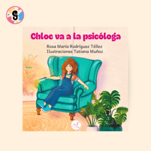 Portada del libro infantil “Chloe va la psicóloga”. Se muestra a una niña de expresión dulce abrazando a su perrito blanco con ternura. El fondo tiene colores suaves y cálidos que transmiten calma. El título del libro aparece en letras grandes y amigables. La ilustración refleja un ambiente emocional y seguro.