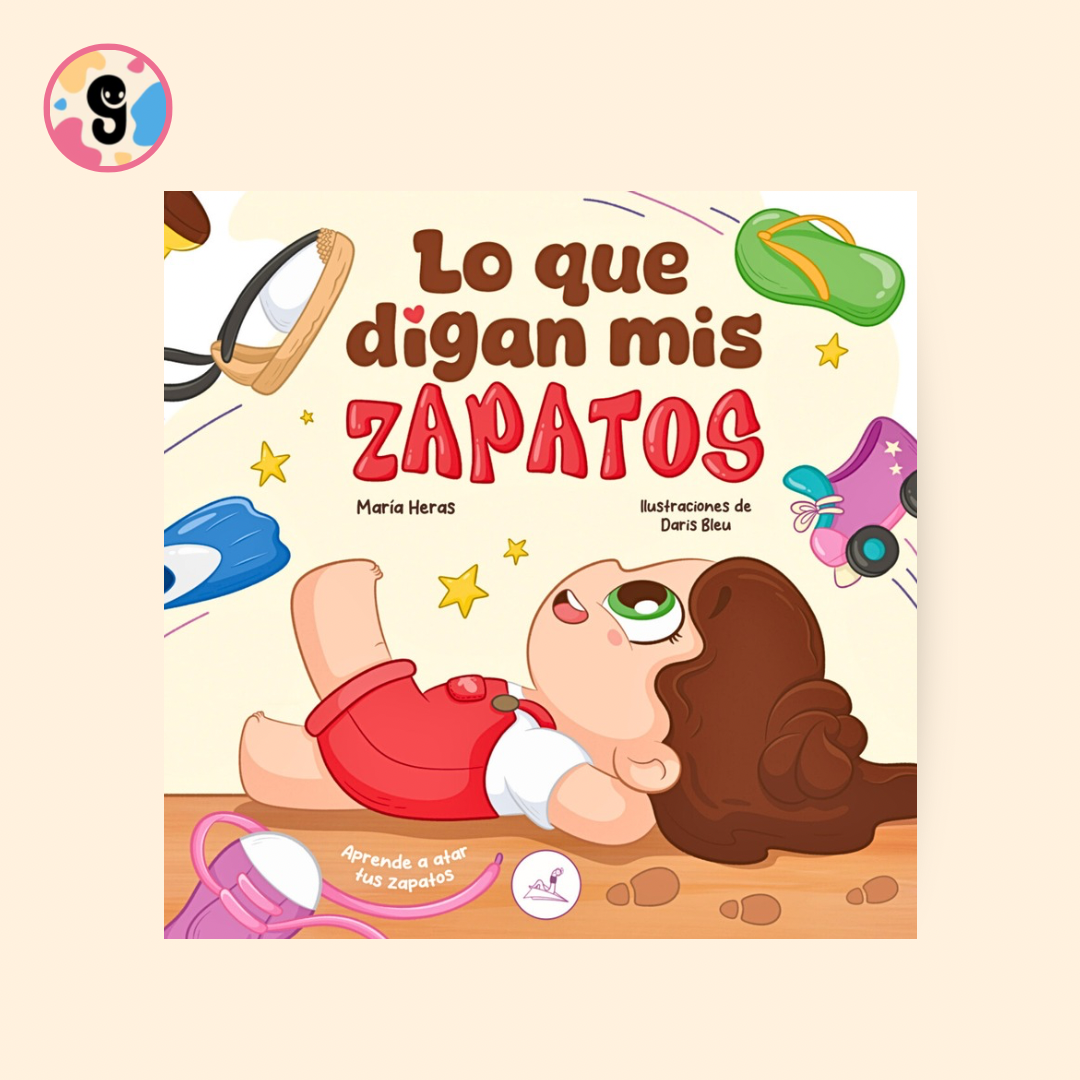 Portada del cuento infantil ilustrado “Lo que digan mis zapatos”, con la niña Coral sonriendo mientras recibe unos zapatos mágicos de su zapatero especial, rodeada de colores vivos y elementos de aventura.