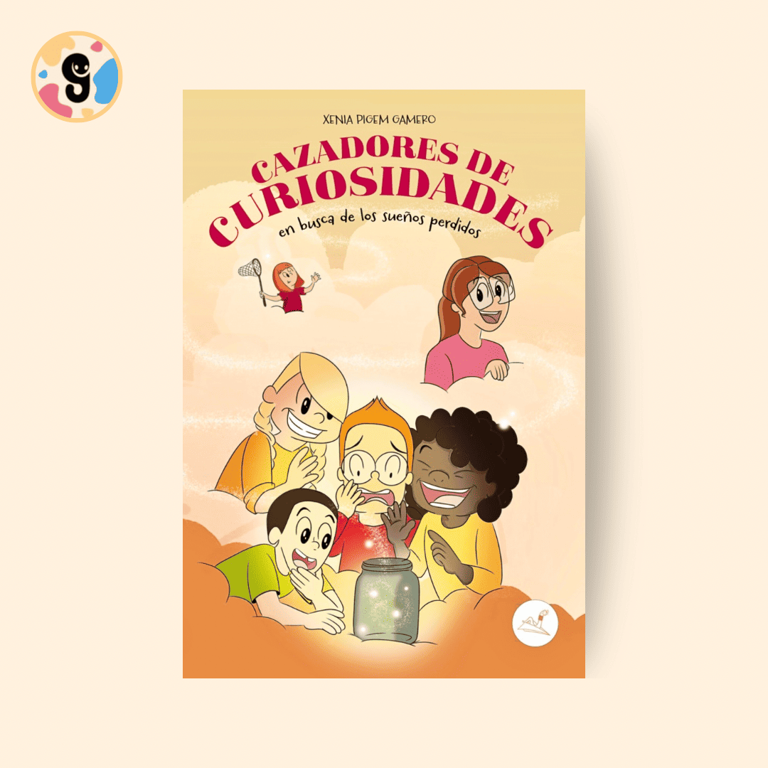 Portada del libro Cazadores de curiosidades, mostrando a los protagonistas en una aventura mágica mientras buscan proteger los sueños de los niños de la malvada científica. Ideal para lectores infantiles y jóvenes, con elementos de fantasía, amistad y misterio.