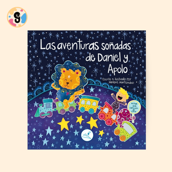 Portada del libro infantil “Las aventuras soñadas de Daniel y Apolo”, mostrando a Daniel y Apolo, el león amigable, en una aventura mágica entre nubes y estrellas, ideal para primeras lecturas y la hora de dormir.