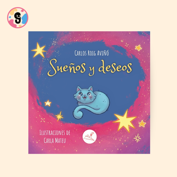 Portada del libro infantil Sueños y deseos de Editorial Gusanillo, con ilustración de un pijama con un gatito azul, diseñado para enseñar valores, esfuerzo y responsabilidad a los niños a través de aventuras mágicas y motivadoras.