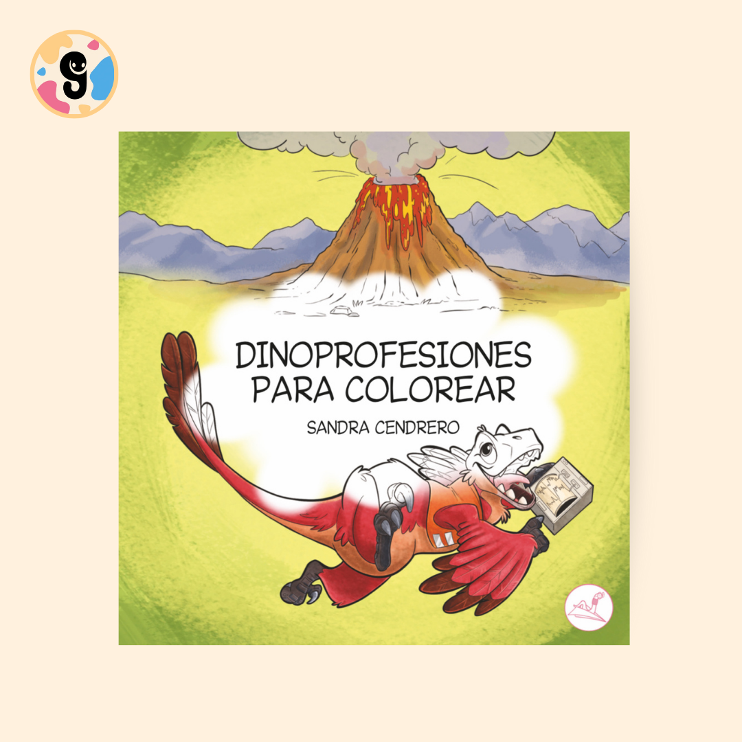 Portada del libro Dinoprofesiones: libro de colorear de dinosaurios y profesiones para niños, con ilustraciones divertidas de dinos trabajando y colores llamativos.