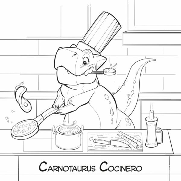 pagina interior dinosaurio para colorear, cocinero