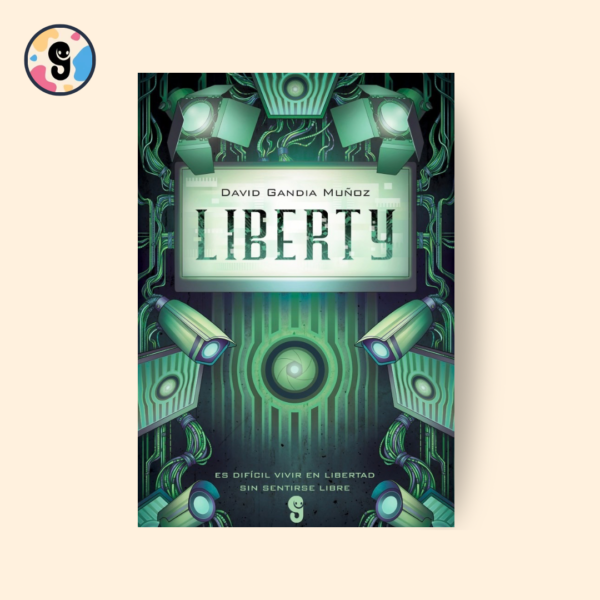 Imagen promocional del libro “Liberty”: un escenario oscuro tipo plató de televisión con focos encendidos, diez siluetas de concursantes en tensión frente a cámaras, ambiente inquietante y dramático que refleja un reality extremo donde criminales compiten por su libertad.