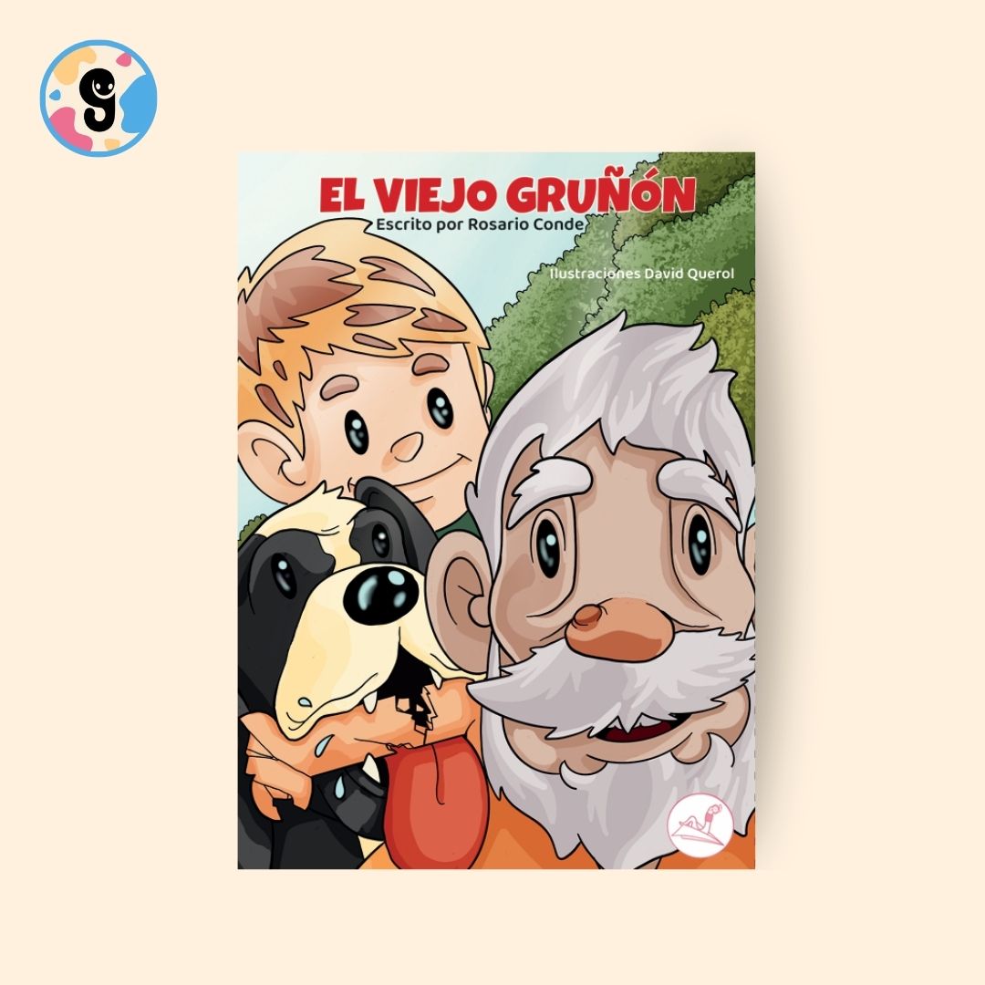 portada de El viejo gruñón con el abuelo y el niño juntos con el perro