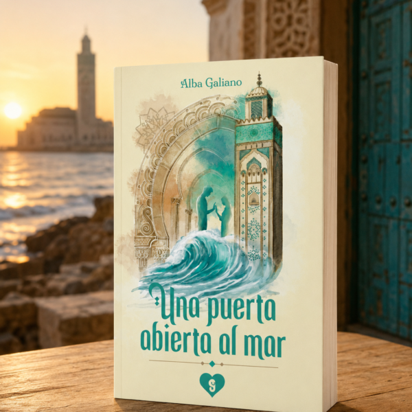 del libro «Una puerta abierta al mar», de Alba Galiano, sobre una mesa de madera frente al mar de Casablanca al atardecer.