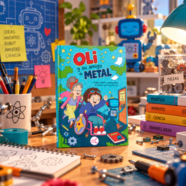 Mockup de Oli y su amigo de metal en un laboratorio de inventos